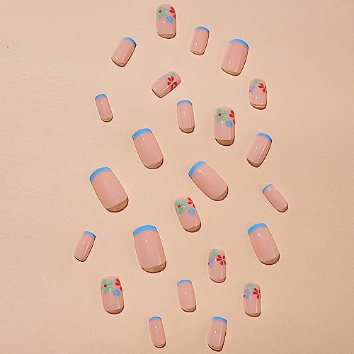 24 Pcs Medium Press on Nails with Multi-Colored Flower Designs and Blue French Tips - Image 4