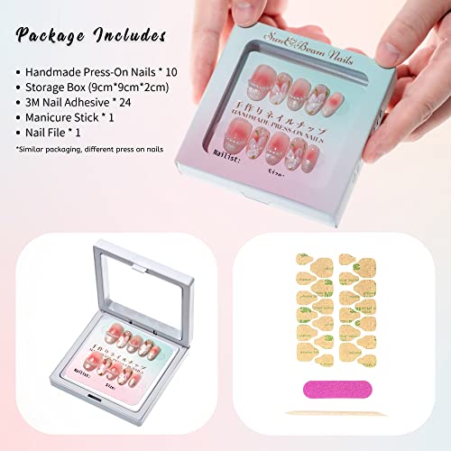 Sun&Beam Handmade Short Round Press On Nails with Golden Flowers - 10 Piece Set - Image 3