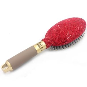 Hair Brush - Detangle Hair and Comb, Massage Cushion, Anti-static, Smooth and Sleek Hair, Luxury Rhinestone Design Suitable for Women (Round red)