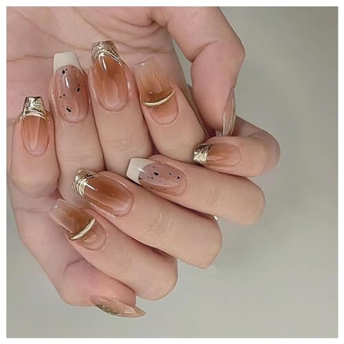 Brown French Medium Square Press on Nails with Sequins, 24 Pieces