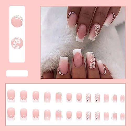 Glossy Medium Square Pink Gradient Press-On Nails with Flower Rhinestones Full Cover - Image 2