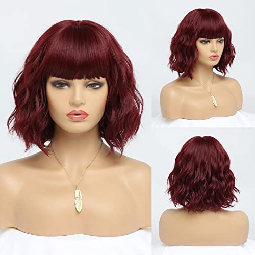 12-Inch Burgundy Wavy Bob Wig with Bangs for Women - Medium - Image 2