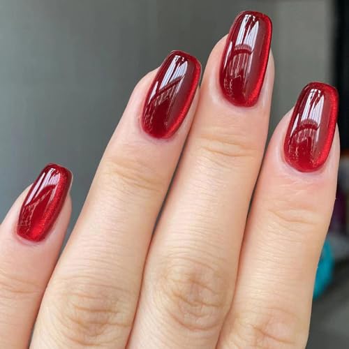 Press on Nails Medium Square Red Cat Eye Acrylic Fake Nails with Design Glue on Glossy Full Cover Artificial Gel False Stick on Nail for Girls Women Wedding Manicure Gifts 24Pcs