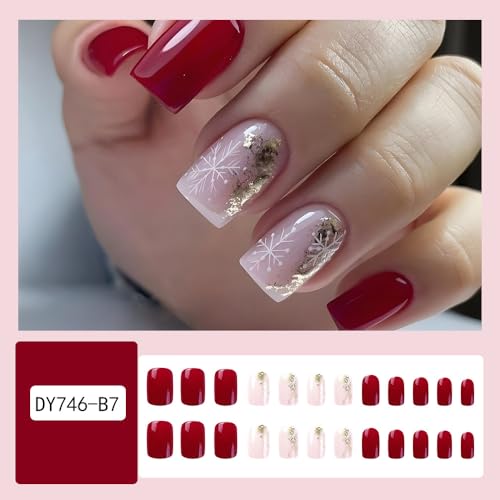 24Pcs Christmas Press on Nails Medium Square Fake Nails Red Glossy False Nails Press Ons with Snowflake Gold Foil Designs Pink Nail Tips Full Cover Artificial Glue on Nails Acrylic Nail Kit for Women - Image 2