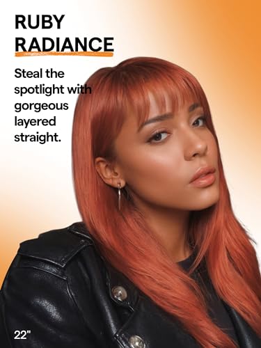 Straight Layered Wigs with Bangs Glueless Ginger Orange Wig 22 Inch Put On Go Wigs Crafted with Style-Archive™ Technology: Fiber & Remy Human Hair Blended with Natural Pre-Plucked Hairline - Image 3