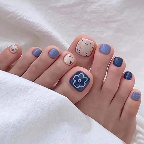 French Tips Press On Toenails Short Square, Full Cover Reusable Toe Nails Tips with Glue, Stick On Toenails with Flower Designs, Artificial Acrylic Nails Summer Blue False Toe Static Nails for Women