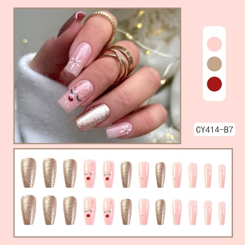 Cute Long Coffin Press on Nails with Gold Glitter Snowflake Design for Winter Parties - Image 2
