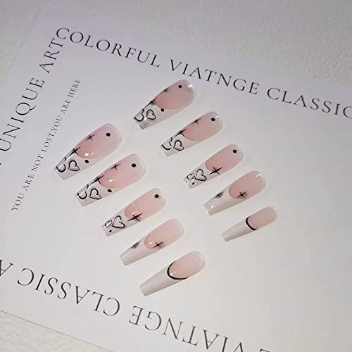 French Tip Press on Nails Long Coffin Fake Nails White Black Acrylic Nails Glossy Glue on Nails Winter False Nails Line Star Heart Stick on Nails with Design Artificial Finger Manicure for Women Girls - Image 3