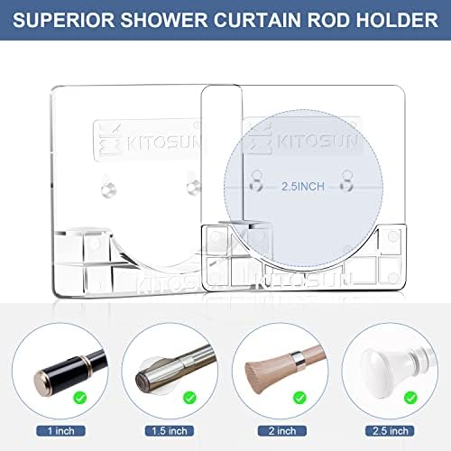Adhesive Shower Curtain Rod Holder – Kitosun Wall Mount Bathroom Tension Pole Retainer Brackets with Sticky Tape for Quick Stick on and Stainless Steel Screws for Drilling Installation (Transparent) - Image 2
