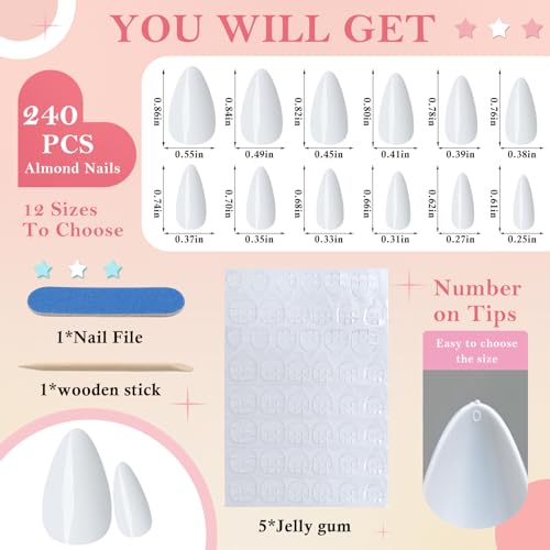 240pcs Short Press on Nails White Full Cover Short Almond Fake Nails, Thick Acrylic Nails Press Ons 12Sizes False Nails with Glue for Women Girls Fingernails Design - Image 2