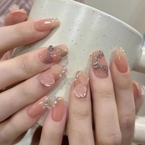 Coffin Press on Nails BrownShort Medium Fake Nails with Acrylic Glue Glue on Nails with Glitter Rhinestone Flower Design Manicure False Nails Women Gel Stick on Nails for Wedding ALSJkk68