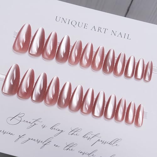 Almond Press on Nails Pink Fake Nails Cat Eye False Nails Glitter Full Cover Opaque Nails Press on Acrylic Nails with Glue on Nails Medium Length Stick on Nails Velvet Static Nails for Women and Girls - Image 2