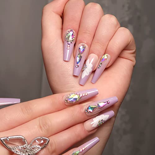 Coffin Long Press on Nails - Purple Gradient Ballet Flash Diamond Crystal Flowers Fake Nails Full Cover False Nails Glue Acrylic Nails Stick on Nails Tips Manicure for Women and Girls 24Pcs