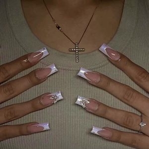 IMSOHOT Square Press on Nails Medium French Fake Nails Pearlescent Glossy False Nails Metal Silver Butterfly Rhinestones Squoval Full Cover Acrylic Nails Glue on Nails for Women 24pcs