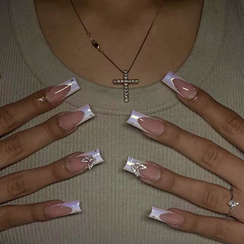 IMSOHOT Square Press on Nails Medium French Fake Nails Pearlescent Glossy False Nails Metal Silver Butterfly Rhinestones Squoval Full Cover Acrylic Nails Glue on Nails for Women 24pcs