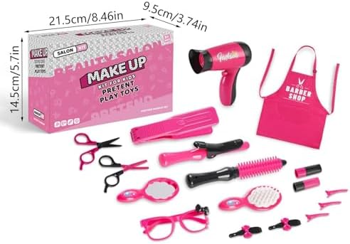 Pretend Play Make Up | Kids Makeup Vanity Set | Hair Salon Girls Toys | Styling Toy Set for Girls with Realistic Blow Dryer, Hair Straightener Barber Apron Sunglass Clip - Image 2