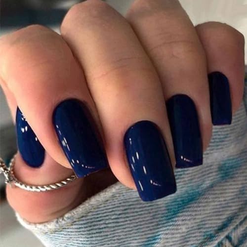 IMSOHOT Royal Blue Press on Nails Short Square Square Fake Nails Acrylic Solid Color Dark Blue False Nails Kits for Women Stick Glue on Nails 24 Pcs