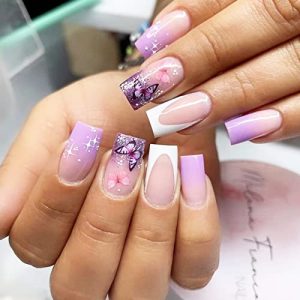White Press On Nails Medium Fake Nails Purple Ombre French Nails Press Ons Medium Coffin False Nails Butterfly Shining Manicure Glue on Nails Press On Nail Kit for Women 24 Pcs