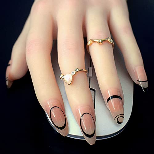 Press On Nails Short, Stripes French Fake Nails, 2packs (48 Pcs) Glossy Full Cover Acrylic Press on Nails Almond, Black Stick On Nails for Women and Girls - Image 2