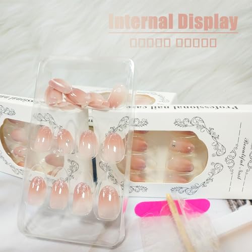 Glitter French Tips Press on Nails Short Oval with Blush Ombre Design, Glossy Rough Gradient Acrylic False Nails Stick on Nails for Women Girls, Rhinestones Manicure Art Fake Nails Gel Glue on Nails - Image 4