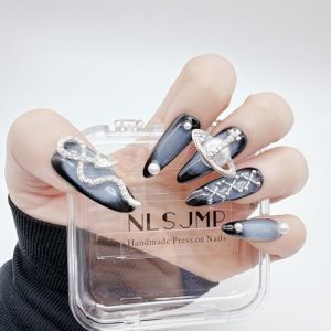 10 Pcs Size S 3D Handmade Long Stiletto Almond Ombre Acrylic Press on Nails Kit with Rhinestone Pearl Design and Toolkit