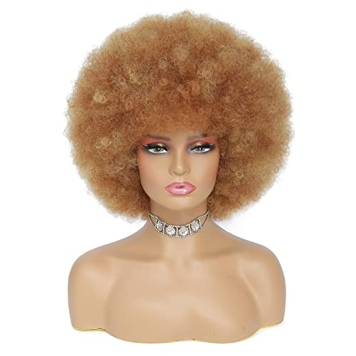 Afro Wig - Soft 70s Afro Wig For Women Blonde Afro Kinky Curly Hair Wigs With Bangs Natural Looking Ash Blonde Short Afro Curly Wig For Men Bouncy Afro Puff Wig Synthetic Hair Big Afro Wig For Daily Party Use