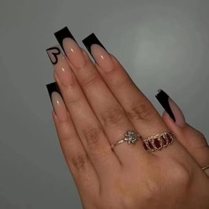 Black French Tip Press on Nails Square Medium Fake Nails with Glossy Design Coffin Gel Glue on Nails for Women Acrylic False Nails with Glue Stick on Nails for Wedding Birthday 24Pcs DK50212