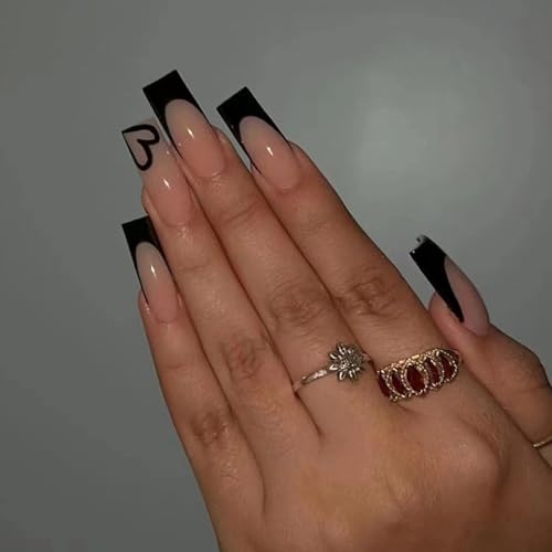 Black French Tip Press on Nails Square Medium Fake Nails with Glossy Design Coffin Gel Glue on Nails for Women Acrylic False Nails with Glue Stick on Nails for Wedding Birthday 24Pcs DK50212