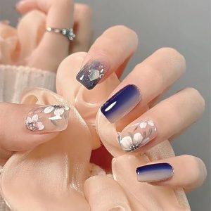 Vezocim Medium Press on Nails Square, 24Pcs Fake Nails Acrylic Gradient Blue Nails Press on Glossy Glue on Nails with Camellia Flower Designs False Nails with Glue Artificial Nails for Women