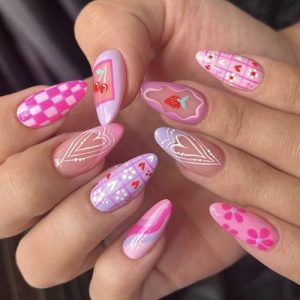24 Pcs Rose Red Heart Strawberry Short Coffin Press On Nails
