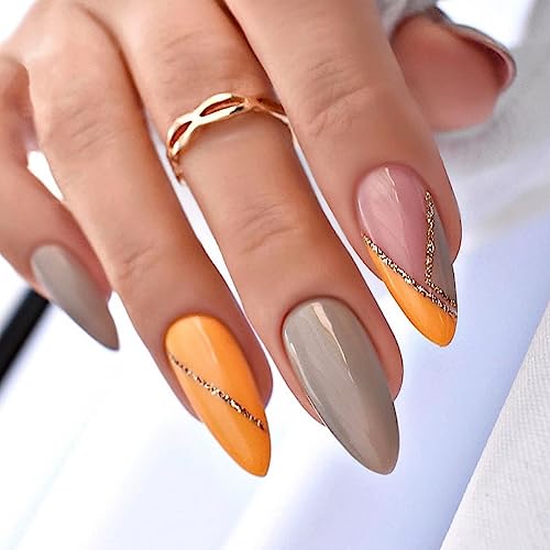 Almond shaped nail polish wearing wholesale warm gold powder striped detachable nail patches 24 PCS - MJT862 - Image 2