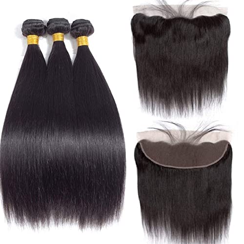 Human Hair Bundles with Frontal (20 22 24 +18) Straight Bundles with 13x4 Lace Frontal Brazilian Human Hair Weave Bundles with Frontal Free Part Virgin Hair Weft 150% Density Natural Color