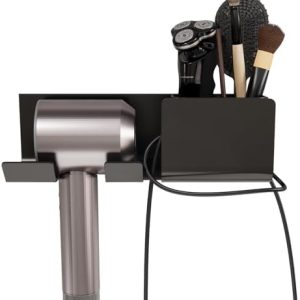 Compact Gray Hair Dryer Holder with Integrated Plug Organizer for Bathroom Storage