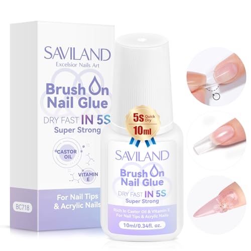Saviland 10ml Fast Drying Brush-On Nail Glue for Press Ons and Acrylics