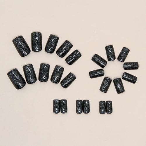 Medium Glossy Black French Tip Glitter Star Press-On Nails 24 Pcs Acrylic Set - Image 3