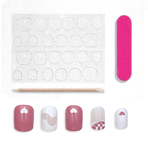 Pink Press on Nails Short Nails Acrylic Press Ons, Small Petite Square Fake Nails with Designs Nails Press Ons, 24Pcs - Image 3