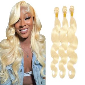 Color #613 Human Hair Bundles #613 Blonde Body Wave Bundles 20 22 24 inch Double Weft Brazilian Hair Weave Honey Blonde Bundles 8A Grade Unprocessed Virgin Hair Weave Extensions