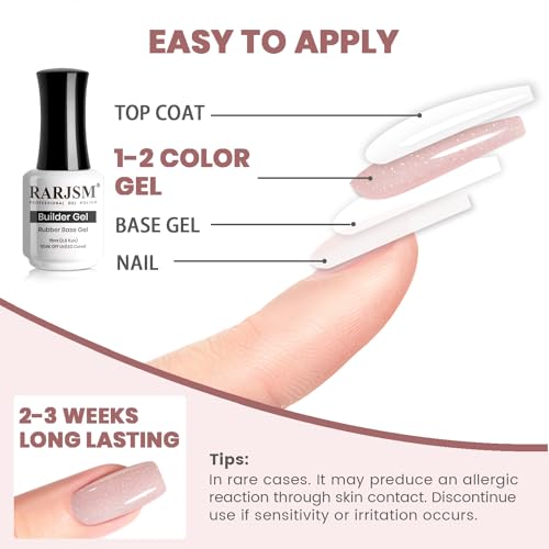 RARJSM Nude Glitter Rubber Base Gel Nail Polish Icy Jelly Pink Rainbow Shimmer Rubber Base Gel for Nails Iridescent Brush on Quick Extend Builder Hard Gel Soak Off Curing Requires 15ml French Manicure - Image 6