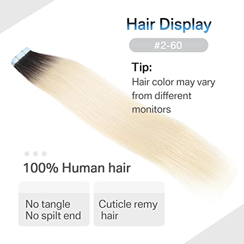 Tape in Hair Extensions Human Hair Ombre Dark Brown Roots to Platinum Blonde, 14 Inch 40 Gram Real Remy Seamless Straight, 2/60 - Image 4