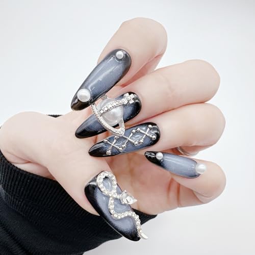 10 Pcs Size S 3D Handmade Long Stiletto Almond Ombre Acrylic Press on Nails Kit with Rhinestone Pearl Design and Toolkit - Image 3