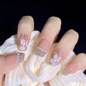 Flower Press on Nail Short Fake Nail Pink Flower Stick on Nails with Glue Spring Summer Exquisite Flower with White Pearl Design Glossy Coffin Fake Artificial Nails for Women Manicure Tips-pink