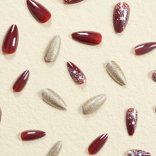 IMSOHOT Christmas Press on Nails Medium Almond Shape Fake Nails Dark Red Acrylic False Nails Glitter Gel Reusable Glossy Glue on Nails for Women and Girls 24Pcs - Image 4