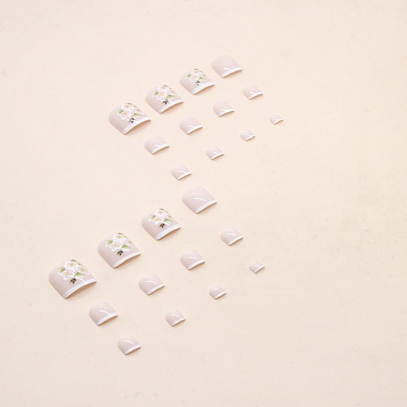 French Tip Press on Toenails Short Square Fake Toe Nails, Spring Press on Toenails with Flower Designs Acrylic Toe Nails Glossy Toe Nail Tips Glue on Toenails for Women Girls 24Pcs - Image 6