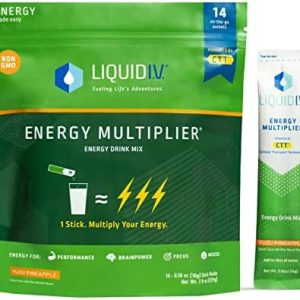 Liquid I.V. Hydration + Energy Multiplier - Yuzu Pineapple - Hydration Powder Packets | Electrolyte Powder Drink Mix | Easy Open Single-Serving Servings | Non-GMO | 1 Pack (14 Servings)