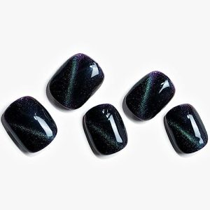 Short Square Black Cat Eyes Gel Press on Nails Blue Glitter Reusable Kit for Women
