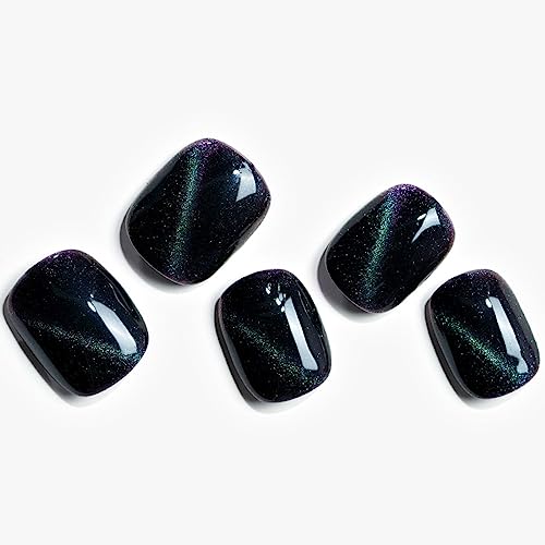 Short Square Black Cat Eyes Gel Press on Nails Blue Glitter Reusable Kit for Women
