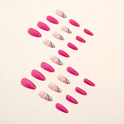 IMSOHOT Medium Almond Press on Nails Stiletto Frech Tips Fake Nails with Nail Glue Hot Pink Acrylic False Nails Glossy Nails Colorful and Heart Designs 24PCS - Image 2