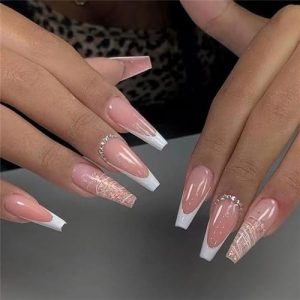 Press on Nails Long Coffin French White Acrylic Fake Nails with Rhinestones Design Glue on Glossy Full Cover Artificial Gel False Stick on Nail for Girls Women Wedding Manicure Gifts 24Pcs