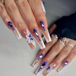 Extra Long Press on Nails Coffin Fake Nails Ballet Acrylic False Nails with White French Flowers Blue Rhinestones Charm Designs Artificial Full Cover Nails for Women and Girls 24 Pcs Nail Accessories