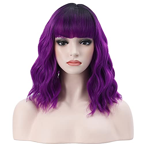 BERON 14-Inch Short Curly Black Purple Ombre Wig with Bangs for Women Girls - Image 2